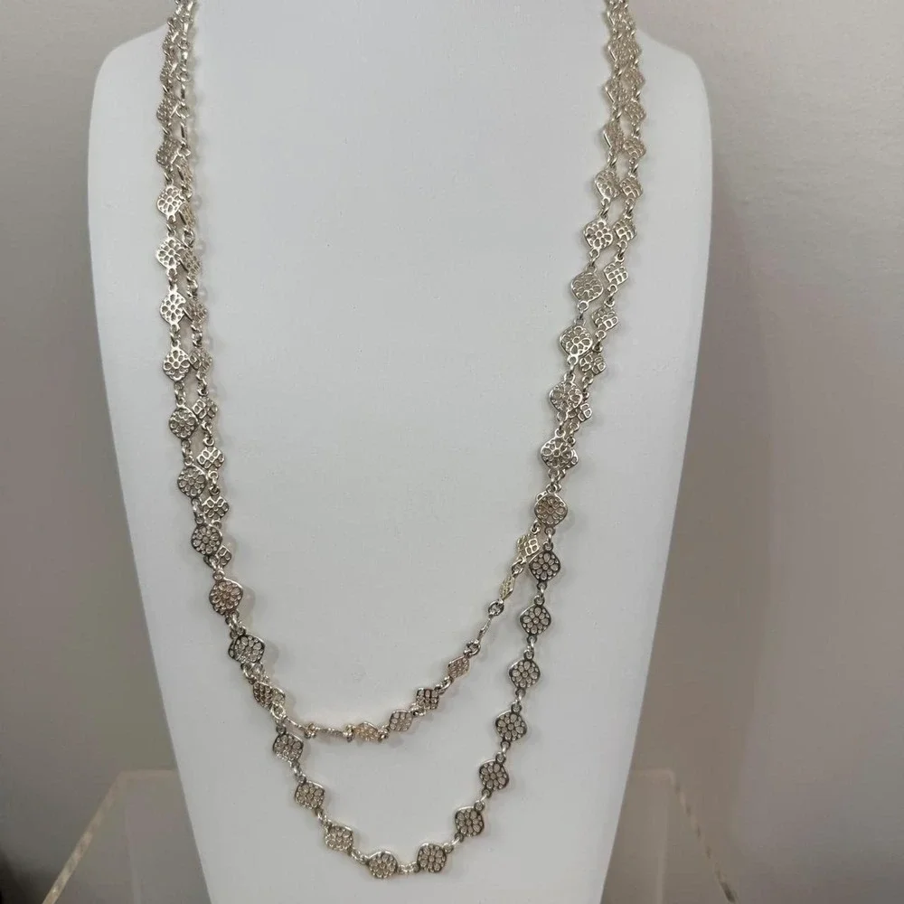 Stella & Dot Silver Tone Necklace Filigree Floral Openwork Long Layering Strand